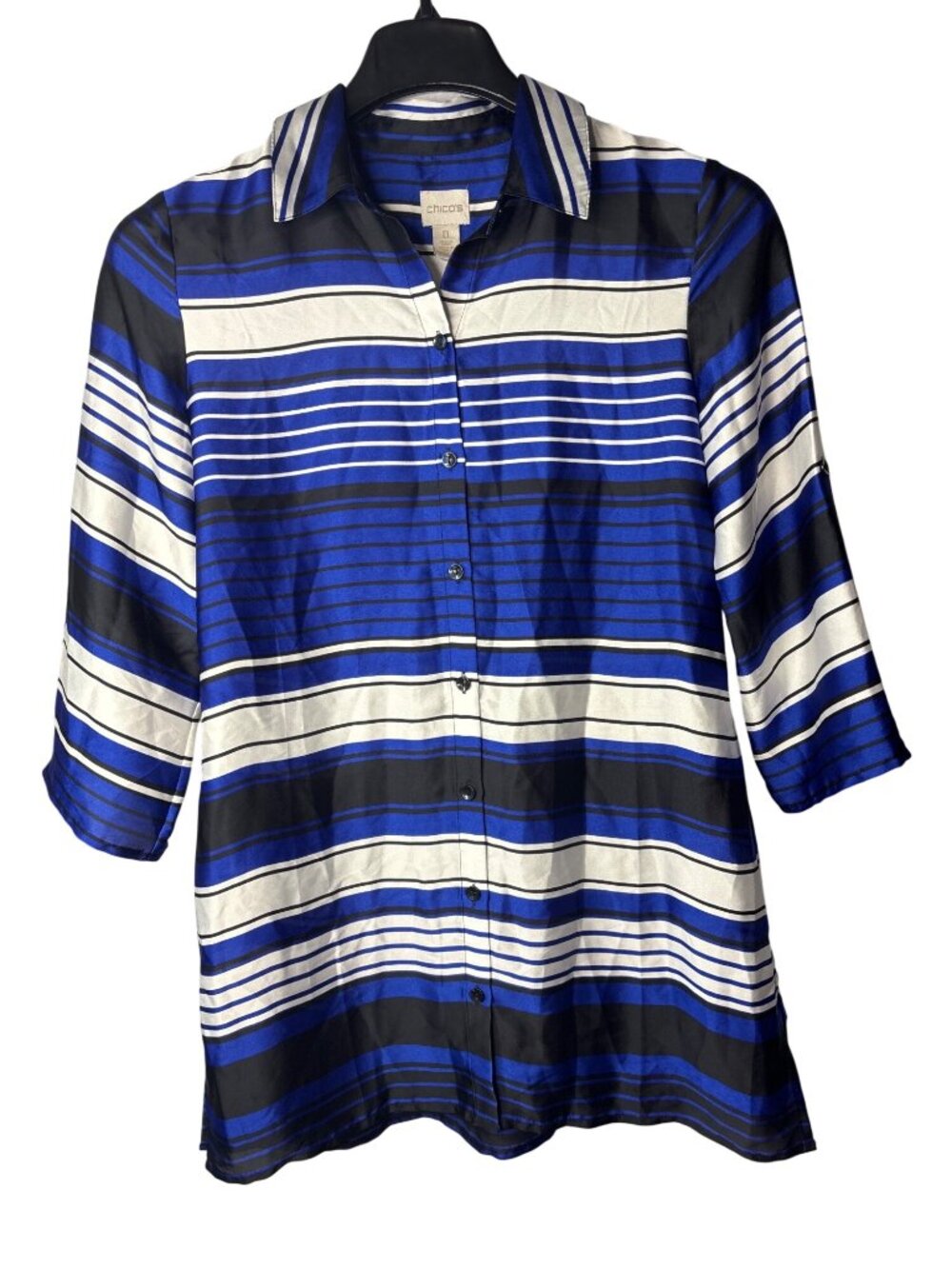 Chico's Oversized Semi Sheer Button Front Top 0 (US S) Striped Blue White Black